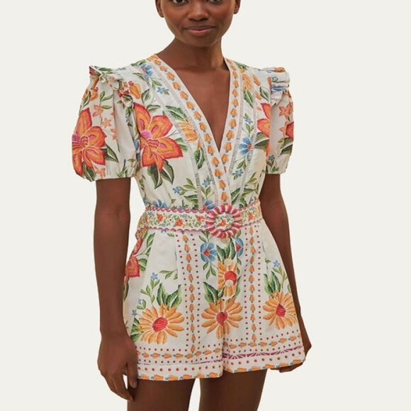 FARM Rio Pants - FARM Rio Off-White Bloom Garden Lenzing Ecovero Euroflax Romper Size L